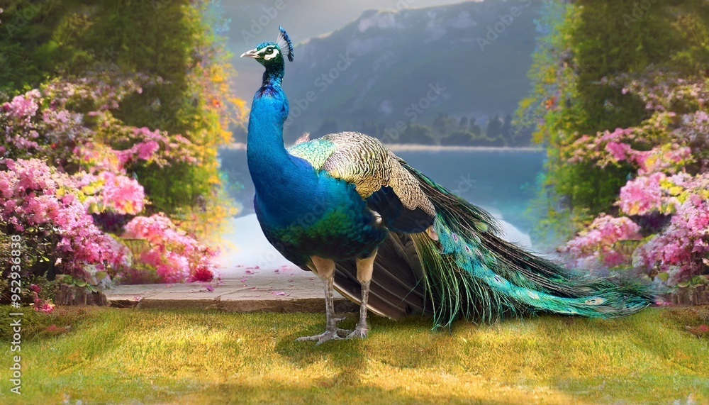 Obraz premium peacocks in paradise a serene scene for the month of april generative ai