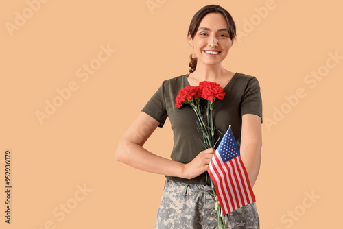 Female soldier with USA fla...