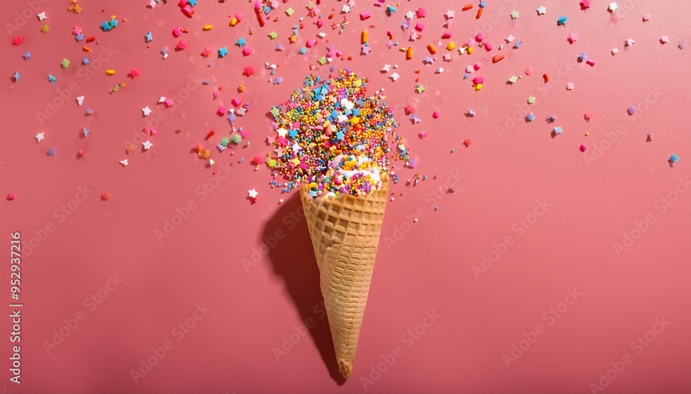 colorful sprinkles rain down on an ice cream cone against a pink background colorful sprinkles rain down on an ice cream cone against a pink background