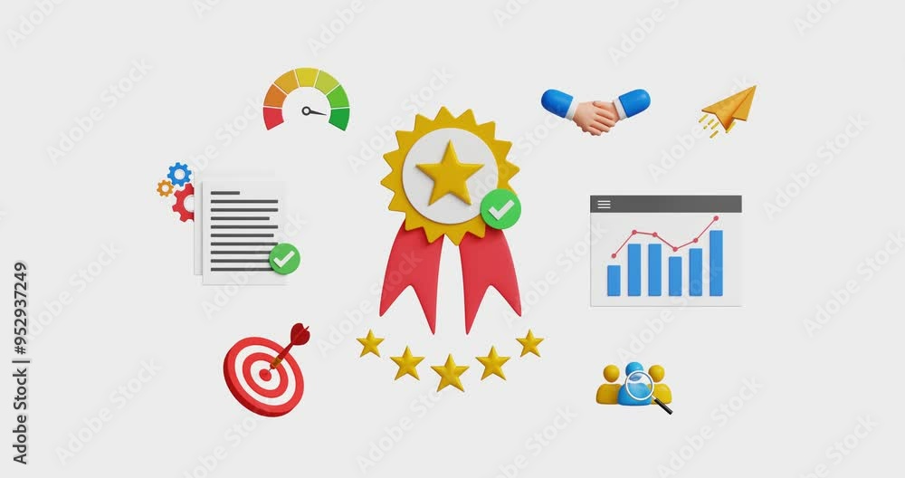 Quality assurance concept. Good service, five stars rating, premium service assurance, excellence service, high quality approval, business excellence. 4k 3d animation. Trim first 3 sec for loop Quality assurance concept. Good service, five stars rating, premium service assurance, excellence service, high quality approval, business excellence. 4k 3d animation. Trim first 3 sec for loop