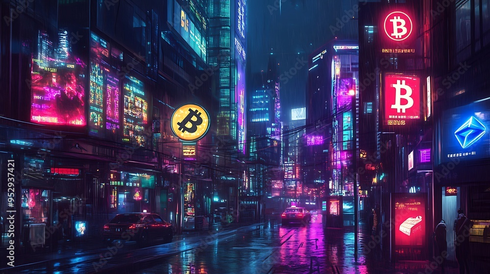 Fototapeta premium Neon-lit Cyberpunk City Street with Bitcoin Signage and Rain