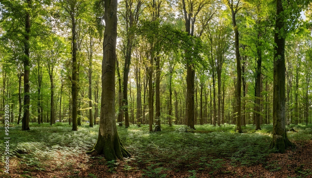 panoramic forest of beech and oak trees panoramic forest of beech and oak trees