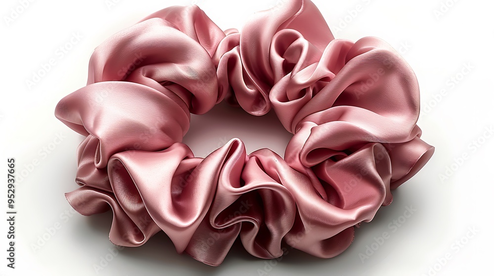 Close-up of a pink satin scrunchie isolated on white background. Close-up of a pink satin scrunchie isolated on white background.