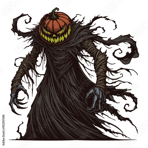 Halloween Pumpkin Head Reaper Art. Cartoon Scary Character in Black Cloak with Scary Pumpkin Face. Creepy Surreal Horror Halloween Vector Illustration. Jack-O-Lantern Design	
