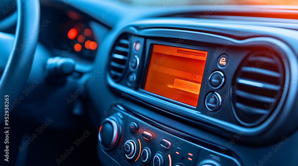 Closeup of car automobile interior with multimedia display screen and