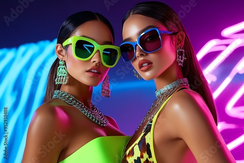 Neon color nightclub fashion with glowing accessories and bold designs, captured in a photo where models wear neon-colored nightclub outfits, with glowing accessories like necklaces and bracelets, photo