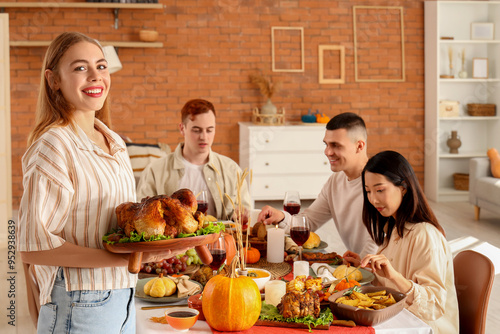 Young woman with turkey hav...