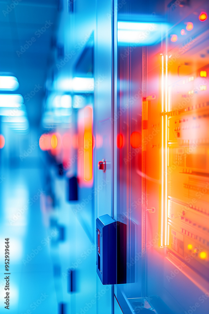 A computer server room with a blue background and orange lights A computer server room with a blue background and orange lights