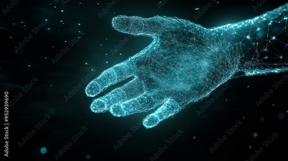 Digital hand hologram on dark background with copy space. Neural network connection. Communication with artificial intelligence. Digital hand hologram on dark background with copy space. Neural network connection. Communication with artificial intelligence.