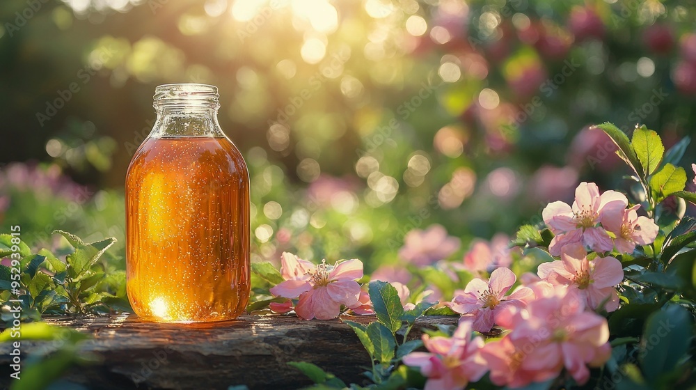 Apple cider vinegar in the garden. Selective focus. Food. Apple cider vinegar in the garden. Selective focus. Food.