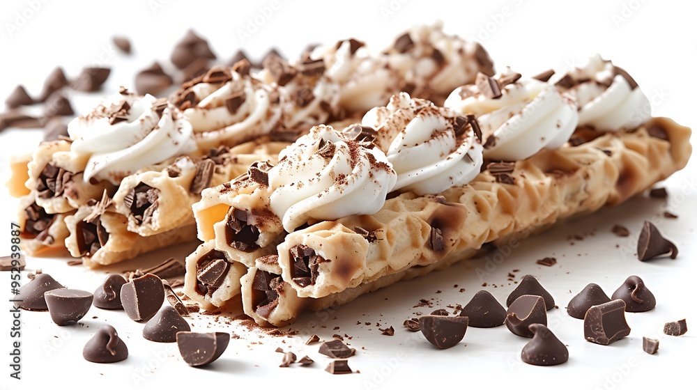 Fototapeta premium Crispy wafer rolls filled with whipped cream and topped with chocolate chips on white background.