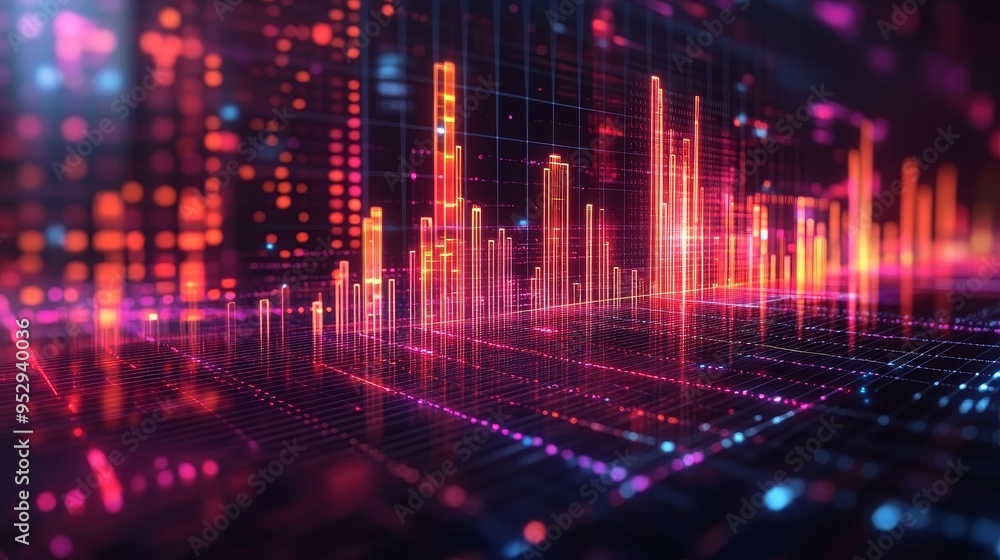 Futuristic Bar Graph Illustrating Sharp Business Growth Against a Digital Grid Background Futuristic Bar Graph Illustrating Sharp Business Growth Against a Digital Grid Background