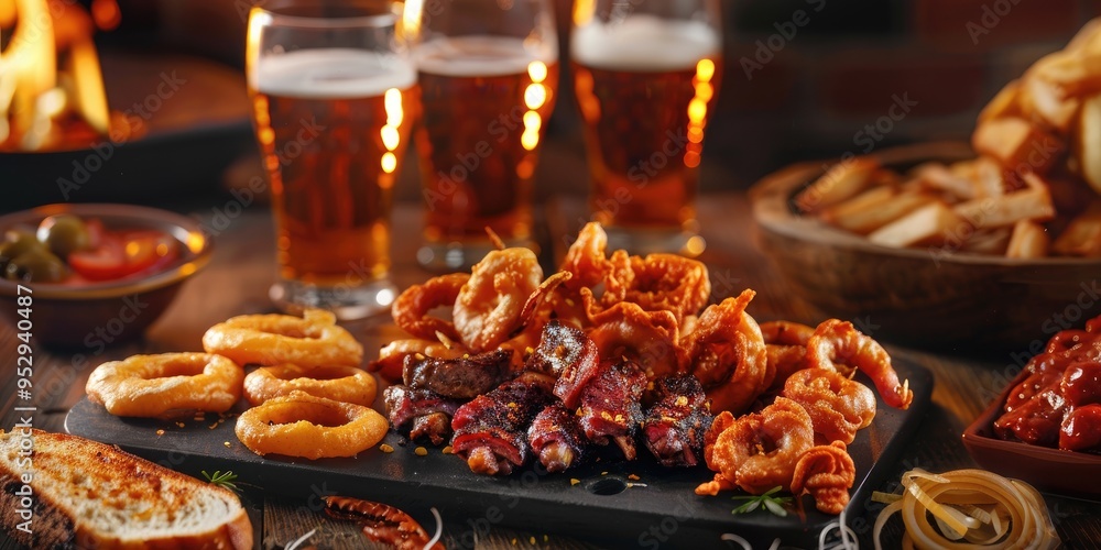 Variety of Beer Snacks Platter with Toasts Sausages Fried Calamari Onion Rings and Buffalo Wings Variety of Beer Snacks Platter with Toasts Sausages Fried Calamari Onion Rings and Buffalo Wings