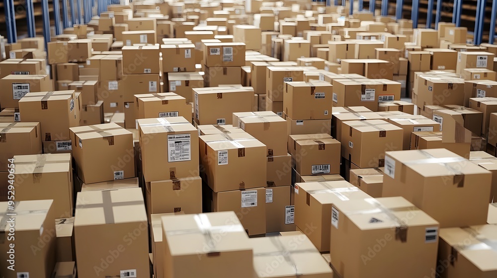 Arranged cardboard boxes in a busy distribution warehouse Arranged cardboard boxes in a busy distribution warehouse