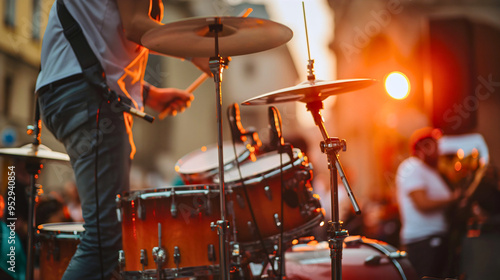 Music band live performance on city street outdoor. Drums and guitar musical instrument musician, entertainment festival show, park, artist, event