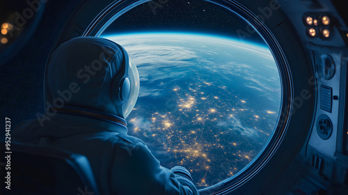 Fototapeta Naklejka Na Ścianę i Meble -  Astronaut inside spaceship cabin, looking out the window at Earth, exploring the universe from a rocket shuttle, future of space travel and technology in a cosmic background