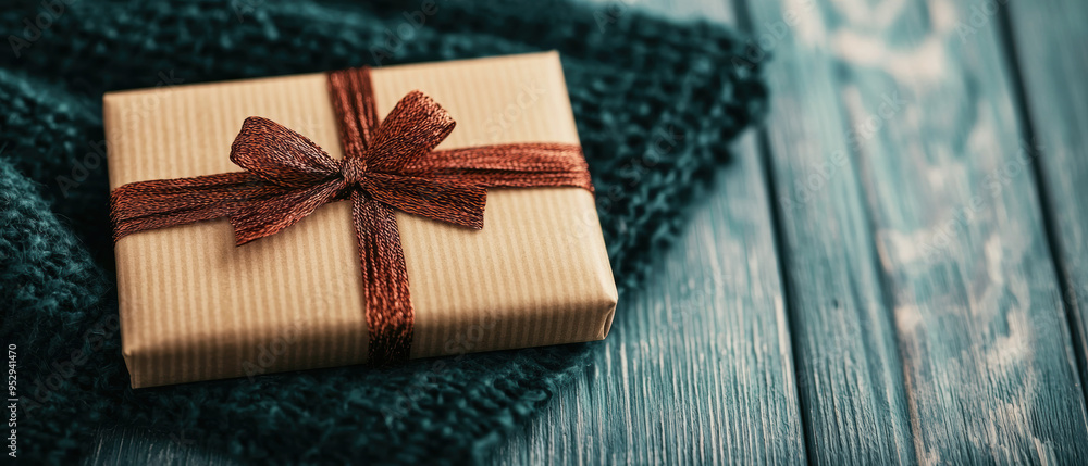 Beautifully wrapped gift box with a rustic ribbon on a wooden background, perfect for holiday and special occasion themes. Beautifully wrapped gift box with a rustic ribbon on a wooden background, perfect for holiday and special occasion themes.