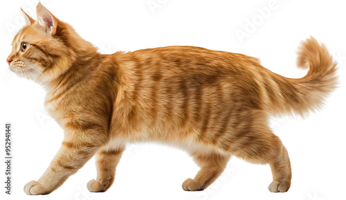 Orange tabby cat isolated on white background, curious ginger kitten walking, adorable feline pet with playful attitude, full body side view of a cute domestic animal