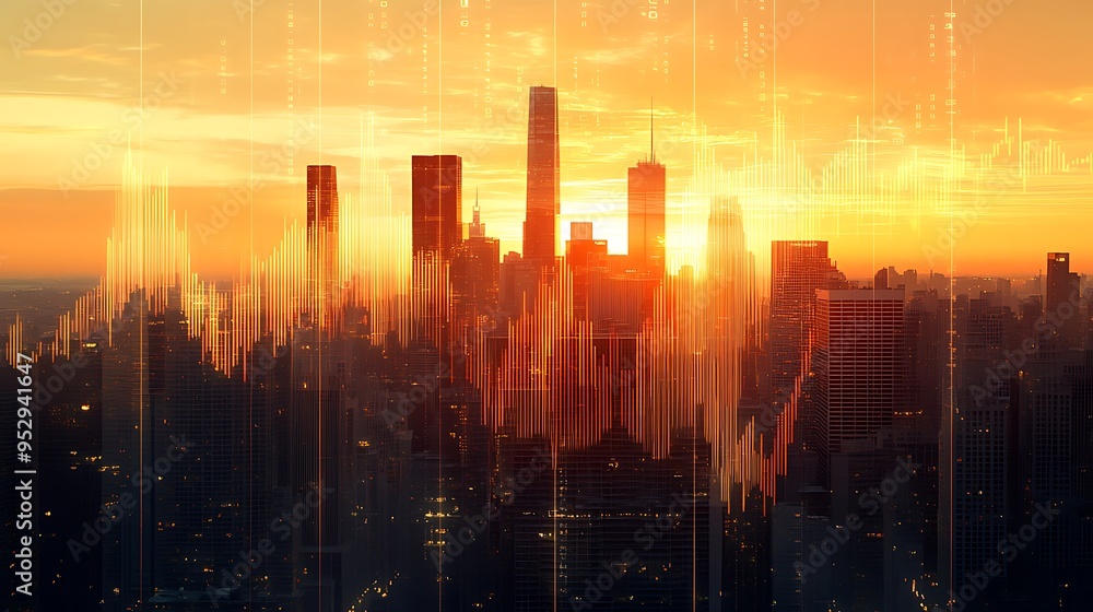 Cityscape at Sunset with Digital Overlays Cityscape at Sunset with Digital Overlays