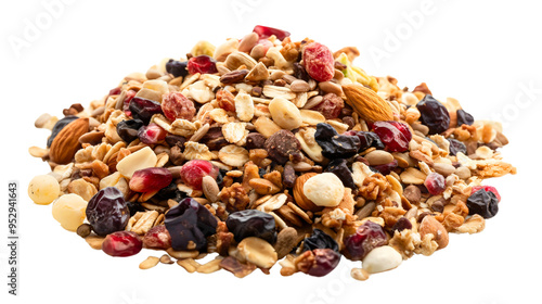 Raw and organic musli oatmeal, a dry and healthy breakfast cereal mix with fruit, isolated on transparent background, natural and delicious snack full of fiber and nutrition photo