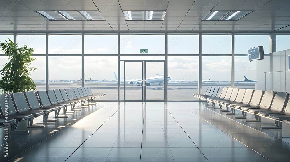 A vacant airport boarding gate area, showing empty seating and visible gate numbers. The design emphasizes the open, efficient layout of the boarding area without any passengers. A vacant airport boarding gate area, showing empty seating and visible gate numbers. The design emphasizes the open, efficient layout of the boarding area without any passengers.