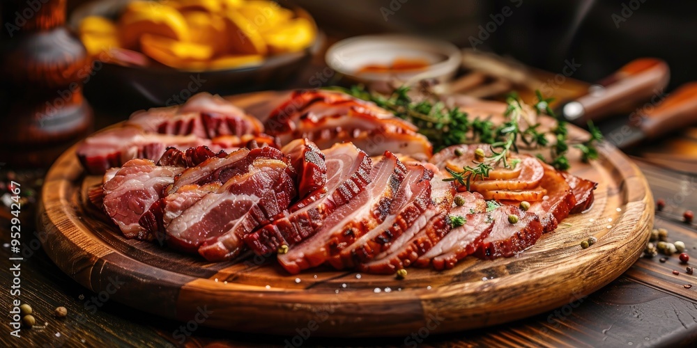 Obraz premium Smoked pork bacon served on a rustic wooden platter with assorted slices
