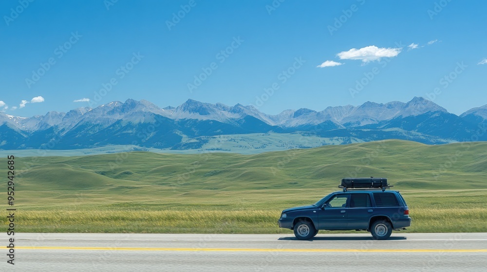 A vehicle parked on a road with mountains and grasslands in the background. A vehicle parked on a road with mountains and grasslands in the background.