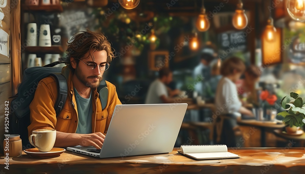 A digital nomad working on a laptop at a quaint café. Elements A laptop, a coffee, a notebook, a backpack, and a bustling cafe environment. A digital nomad working on a laptop at a quaint café. Elements A laptop, a coffee, a notebook, a backpack, and a bustling cafe environment.