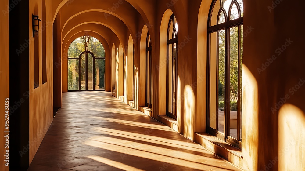 Obraz premium Sunbeams Streaming Through Arched Windows in a Corridor