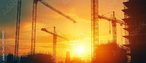 construction site and sunset , structural steel beam build large residential buildings