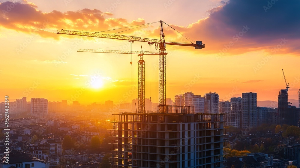 construction site and sunset , structural steel beam build large residential buildings construction site and sunset , structural steel beam build large residential buildings