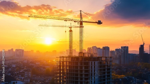 construction site and sunset , structural steel beam build large residential buildings