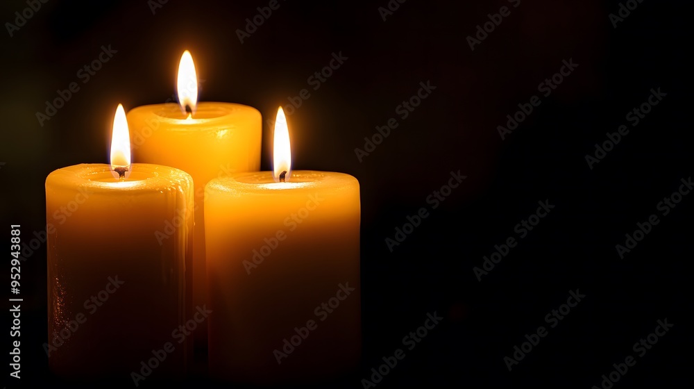 Lit candles casting gentle light, set against a black background with room for text Lit candles casting gentle light, set against a black background with room for text