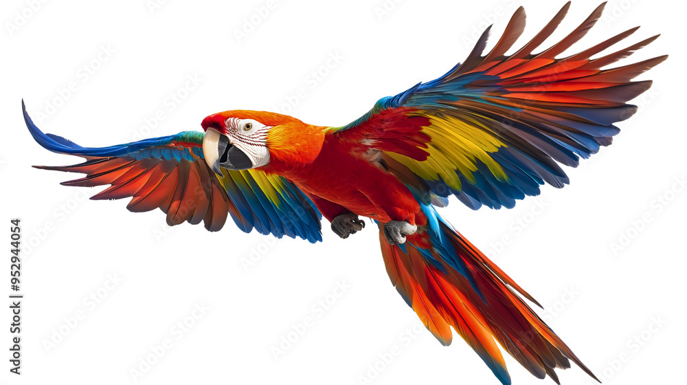 Obraz premium Parrot pet animal isolated on a tropical background, a colorful and exotic bird flying wild and free in nature, bright and vivid feathers in a beautiful, natural setting