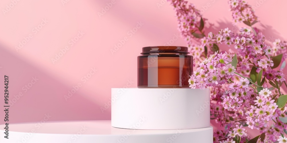 Cosmetic Jar in Amber Glass on a White Stand with Floral Accents Against a Pink Background - Branding Template for Beauty Products Cosmetic Jar in Amber Glass on a White Stand with Floral Accents Against a Pink Background - Branding Template for Beauty Products