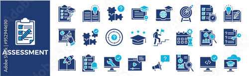 Assessment icon collection set. Containing design, evaluation, business, service, concept, analysis, survey, feedback, and more. Solid vector icons collection.	