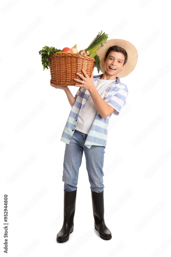 Little farmer with fresh food on white background Little farmer with fresh food on white background