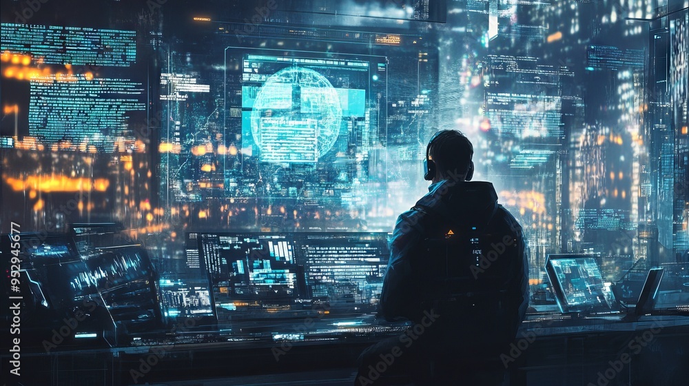 custom made wallpaper toronto digitalDepict a skilled cyberpunk hacker in a futuristic setting, surrounded by holographic interfaces, intricate code, and virtual reality elements