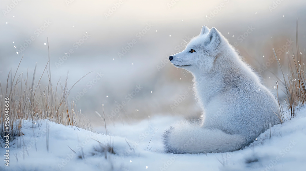 Obraz premium Adorable arctic fox with white fur, a cute and beautiful wildlife animal set against a bright and clean snow nature background, winter landscape portrait