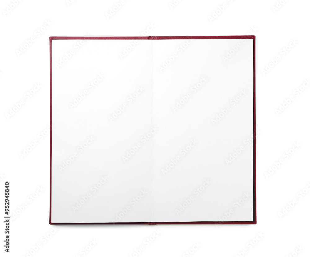 Open hardcover notebook with empty sheets isolated on white, top view. Mockup for design Open hardcover notebook with empty sheets isolated on white, top view. Mockup for design