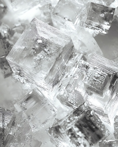 Ultra-close view of sucrose crystals, monoclinic structure visible, on white photo