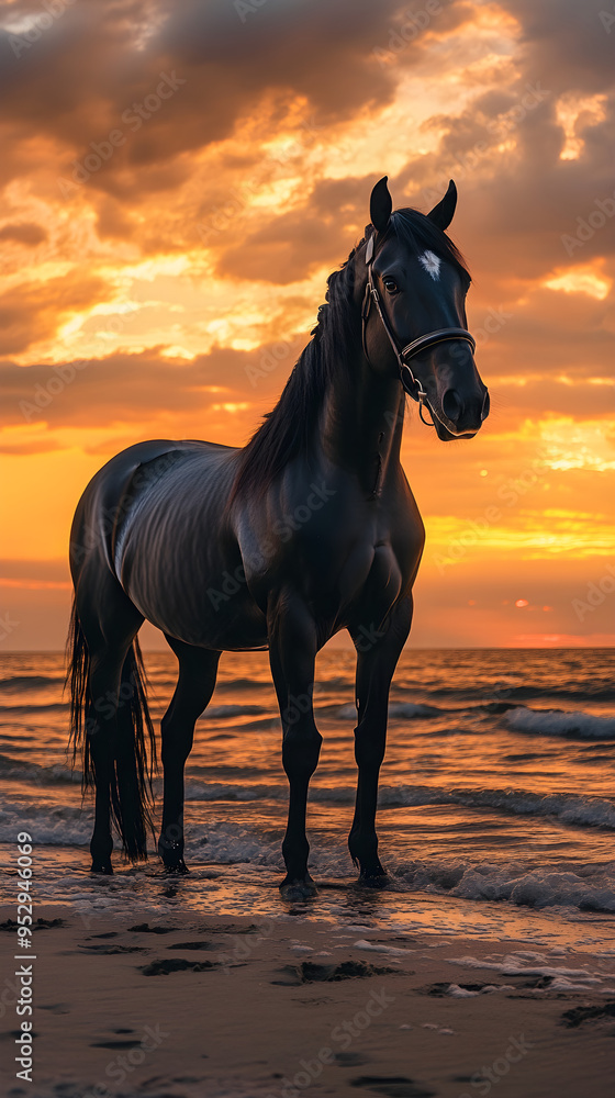 Black Horse Posing on Beach Beautiful Coastal Photography Black Horse Posing on Beach Beautiful Coastal Photography