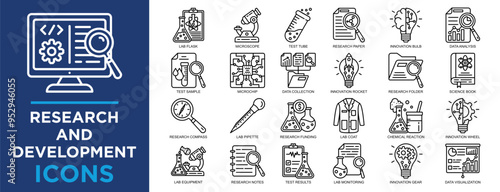 research and development, development, research, analysis, technology, science icon set. Outline icons collection. Simple vector illustration