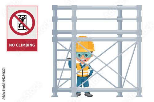 No climbing. Object unsafe to climb on and hazardous location, area. Industrial safety engineer trying to climbing a scaffold. Safety first. Industrial safety and occupational health at work