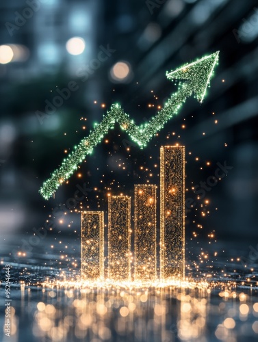 Dynamic Glowing Bar Graph with Green Arrow Indicating Stock Market Growth