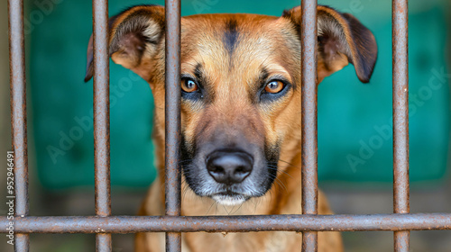 Adorable mixed breed mutt dog animal looking for adoption, a cute and sad puppy in need of love and care, pet rescue from shelter photo