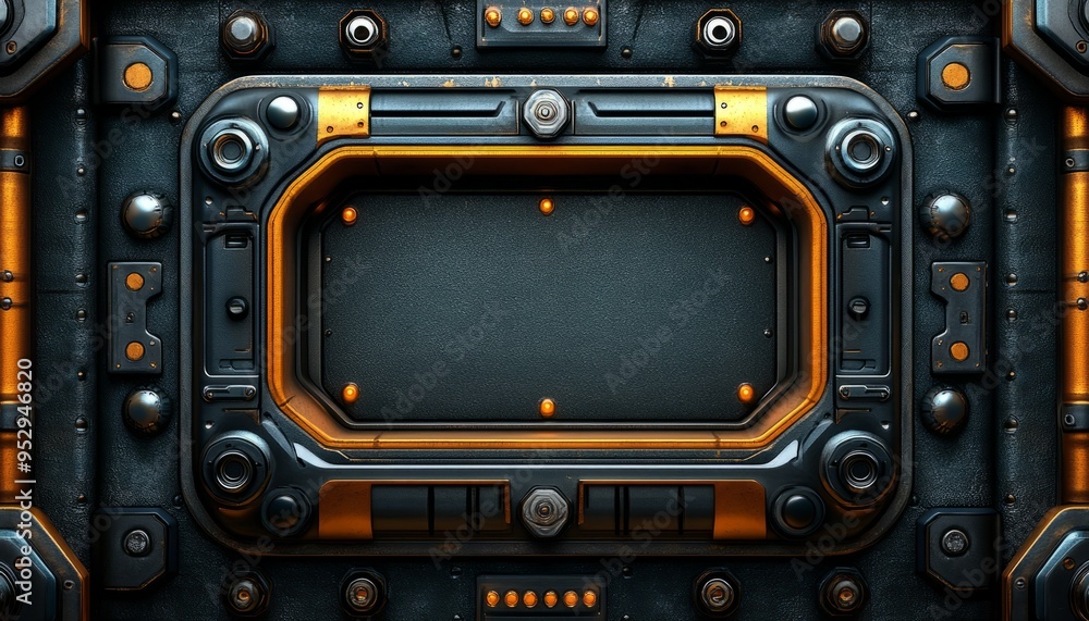 Futuristic Metal Panel with Orange Accents and a Black Rectangular Space