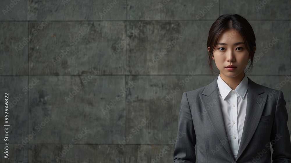 無機質なグレーの背景とスーツ姿の女性_18