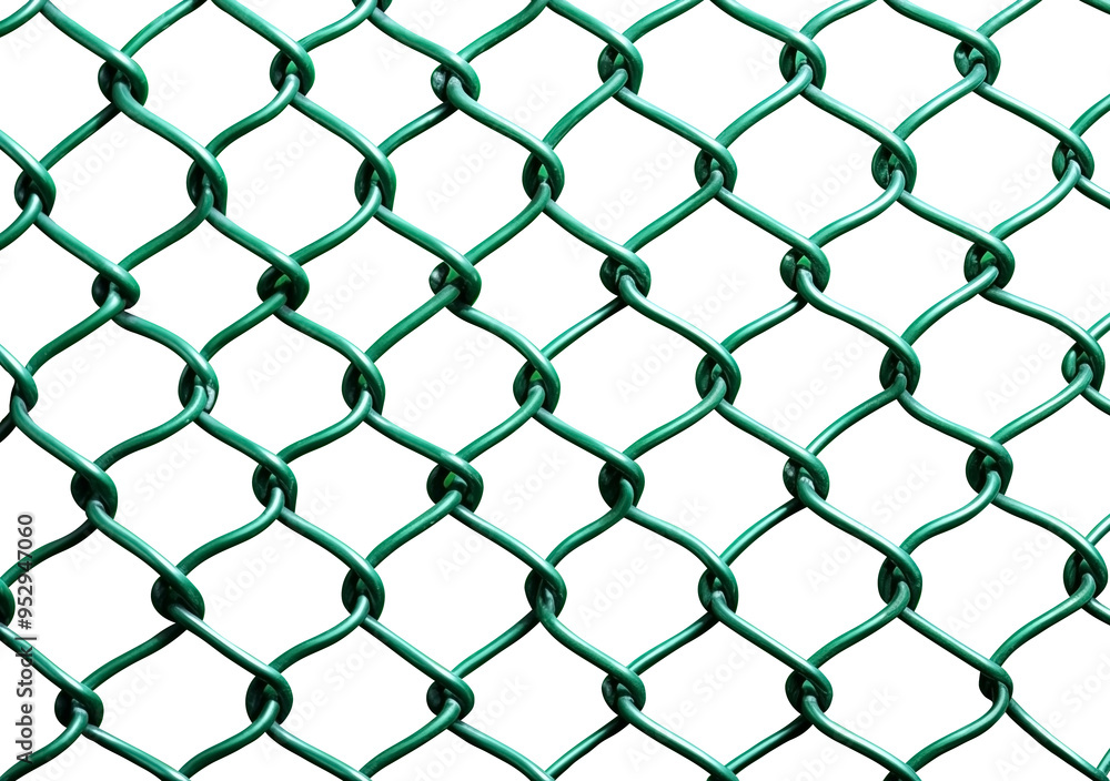 Naklejka premium Front View To a Green Chain link fence PNG Metal wire mesh isolated on white and transparent background - Steel Fence grid Galvanized wire Protective grid Security and Boundary Concept