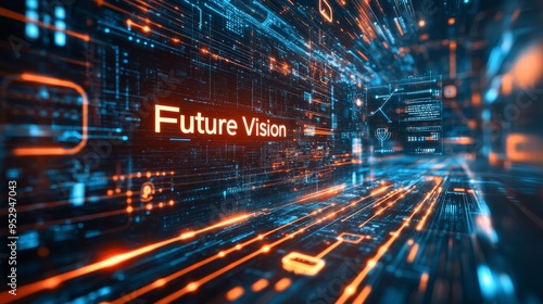 Illuminated Future Vision Display with Business Icons and Glowing Pathway to Success